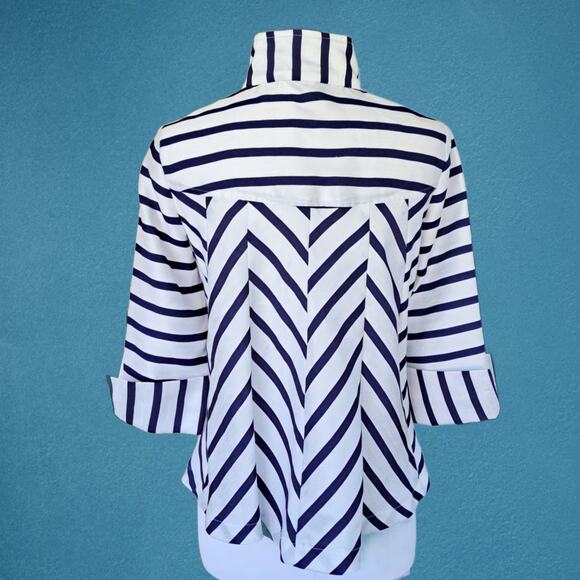 JOSEPH RIBKOFF Blue White Striped 3/4 Sleeve Swing Jacket Size 2 - Picture 6 of 10